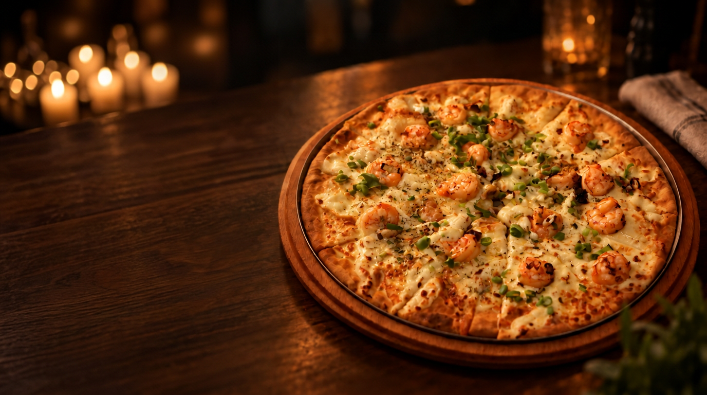 Mesa da Umami com pizza de camarão, velas e taças